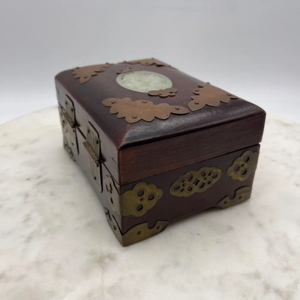 Vintage Chinese Carved Inlay Jewelry Box Shanghai Blue Silk Wooden‎